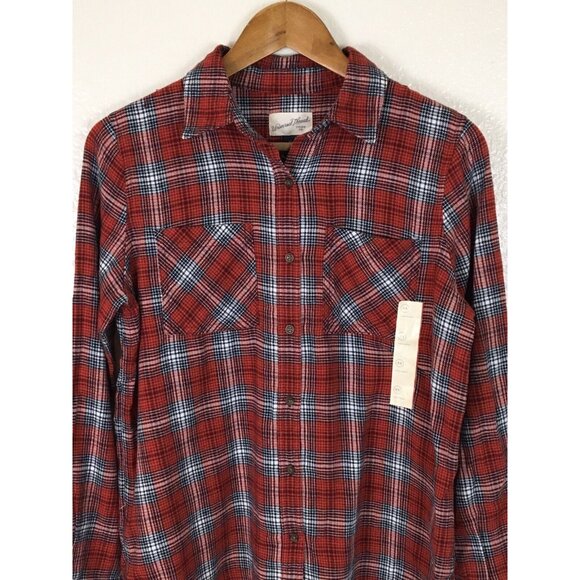 Womens xs Button-Up Red Plaid Flannel Shirt With Long Sleeves & Chest Pockets - Picture 3 of 9